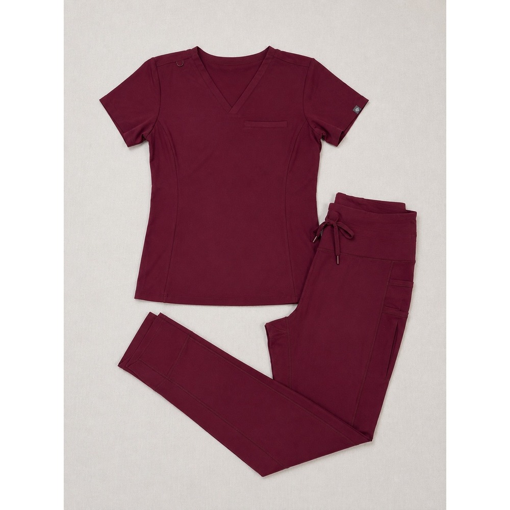 Women Burgundy Scrub Set V-Neck Top XS and Jogger Pants Medium